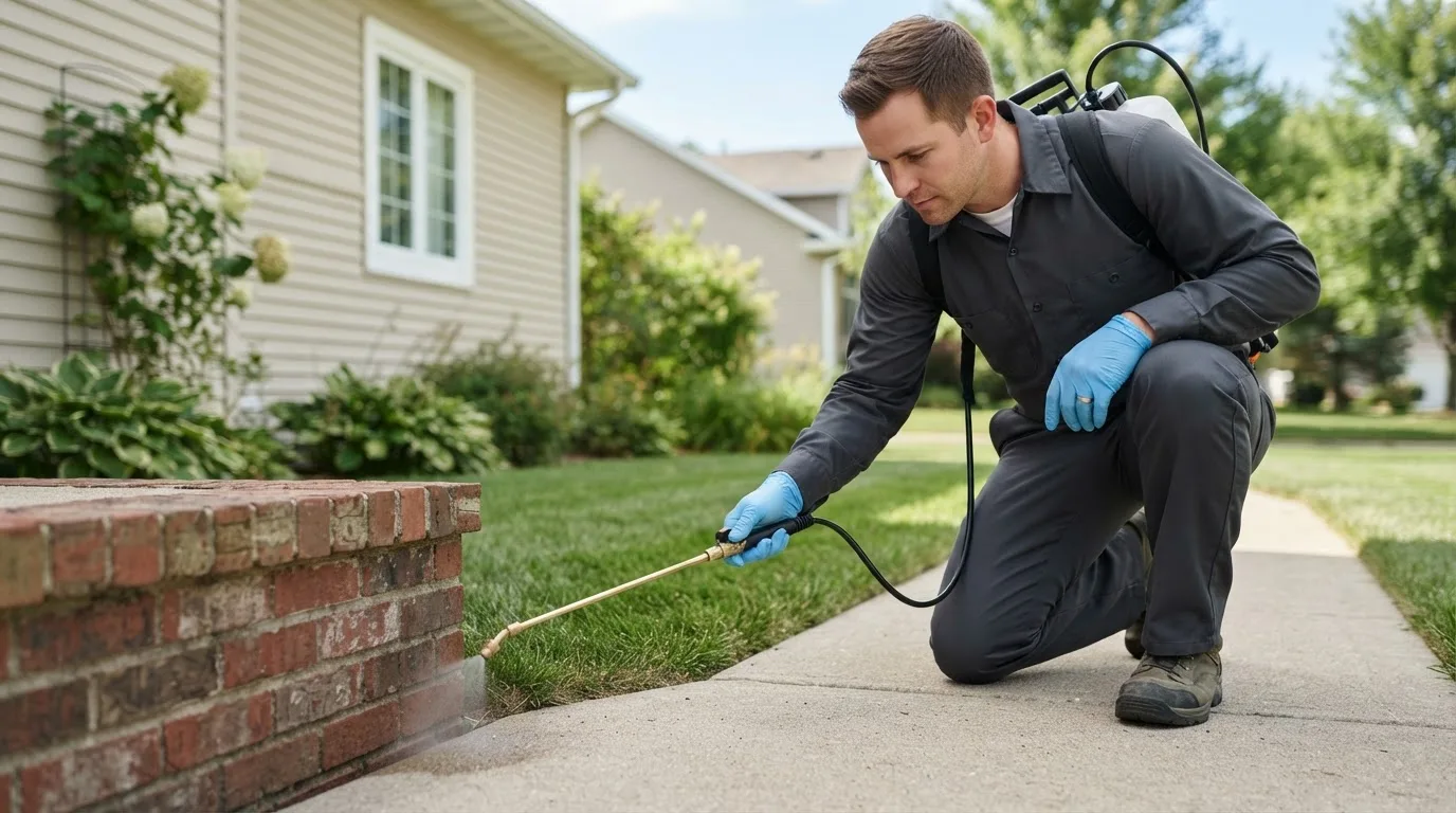 Pest control technician treating a home near Rhodelia, KY