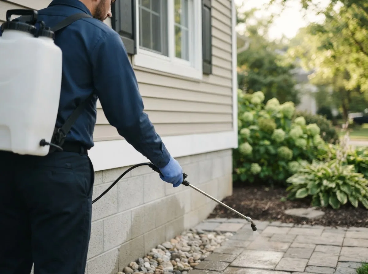 Pest control technician inspecting a home in Rhodelia, KY
